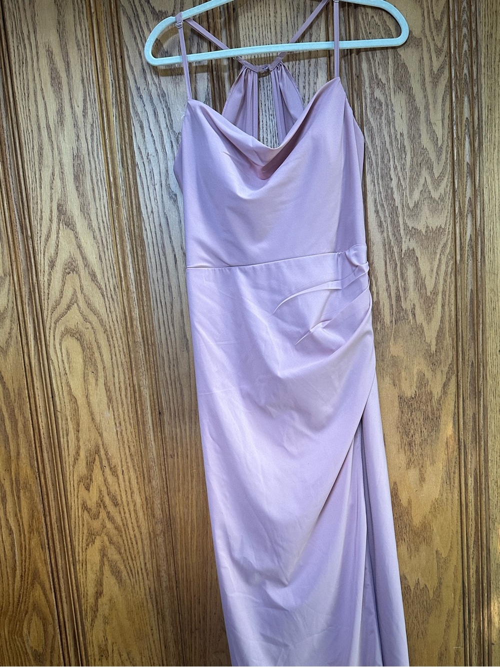 AZAZIE Dusty Rose Ruched Spaghetti Strap Evening Gown with Thigh Slit sz 14 - Picture 4 of 16